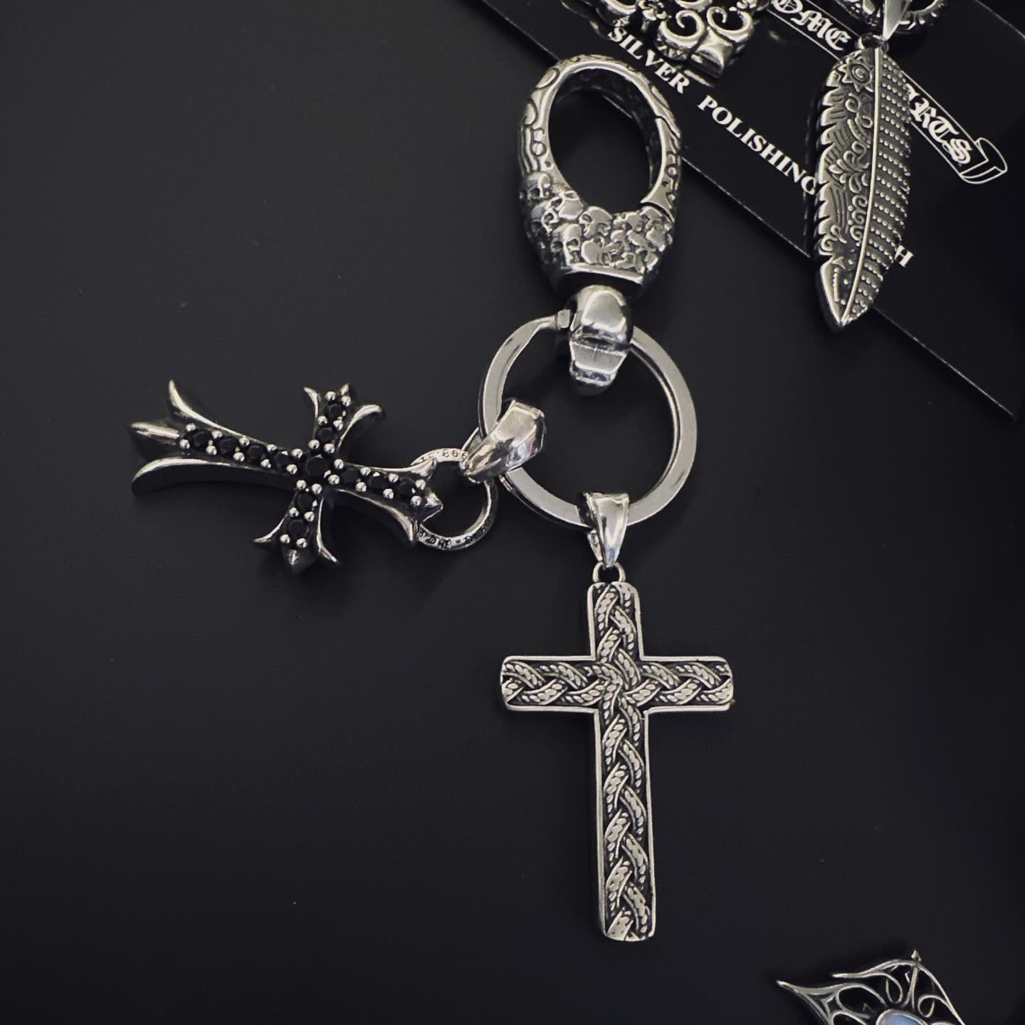 Chrome Hearts Silver Keychain with Cross and Fleur-de-lis Charms
